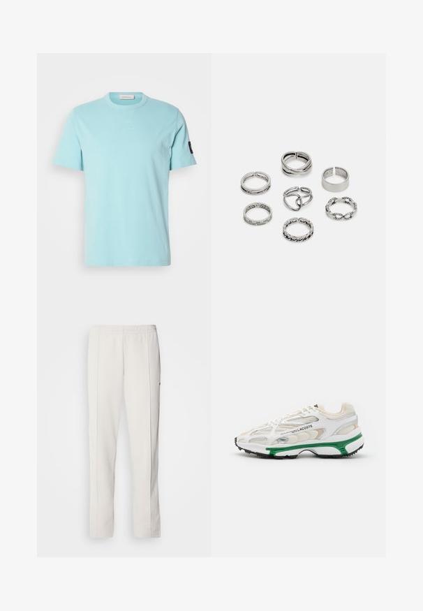 T-shirt de algodão azul claro com mangas curtas, gola redonda e um detalhe costurado na gola. Apresenta um pequeno logotipo preto na manga.; Lacoste Calças de fato de treino - hammam; Sapatilha branca com detalhes verdes e sola de borracha preta. Apresenta painéis em malha e sintéticos, com um acabamento texturizado e costura visível.; Conjunto de sete anéis de prata com vários designs, incluindo padrões torcidos, entrelaçados e gravados. Diferentes formas e larguras.