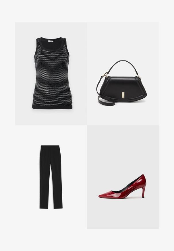 Canotta nera con design aderente e motivo testurizzato di piccoli puntini bianchi. Collo e orlo a coste.; Pantaloni neri su misura con un design a gamba dritta, dotati di tasche frontali e un tessuto liscio e strutturato. Dettagli ordinati e minimalisti.; Scarpa con tacco alto in pelle verniciata rossa, con punta affusolata e tacco sottile. Texture liscia con finitura lucida e rivestimento interno nero.; Borsa a mano in pelle nera con un design strutturato, caratterizzata da una forma corta, manico superiore e accessori in metallo dorato. Inclusa tracolla regolabile.