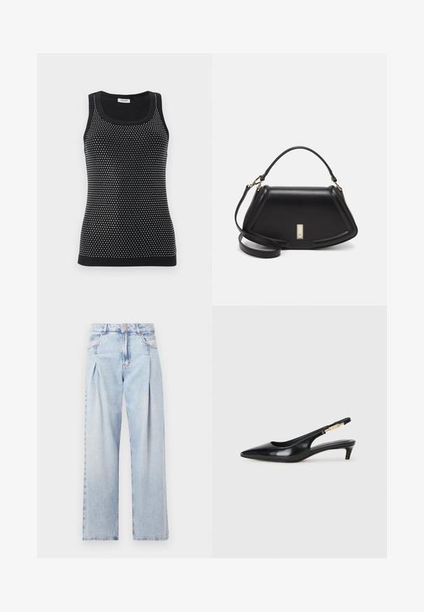 Must mustükk, millel on vormiv disain ja tekstuur väikeste valgete punktidega. Ribitud kaela- ja servakujundus.; Heledad sinise denimist valmistatud teksapüksid kõrge vöökohaga, laia jala lõikega, kahe külje taskuga ja pleedi disainiga. Pehme tekstuur ja pleekinud viimistlus.; Mustad nahast slingback kontsad terava ninaga, millel on õhuke konts ja kuldse tooni aktsent reguleeritaval rihmal. Sile tekstuur.; Must mustrist käekott, millel on struktureeritud disain, lühendatud kuju, ülemine käepide ja kuldne metallist detail. Reguleeritav õlalihm on kaasas.