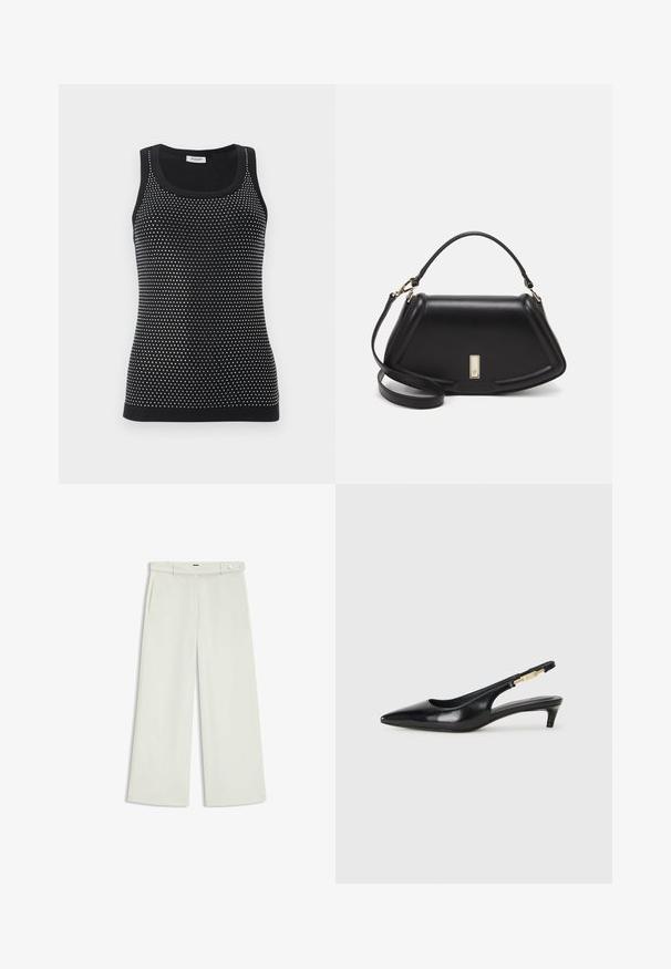 Black tank top featuring a fitted design with a textured pattern of small white dots. Ribbed neckline and hem accents.; Wide-leg pants in light cream fabric, featuring side pockets, a flat front, and a single button closure at the waist. Smooth texture.; Black leather slingback heels with a pointed toe, featuring a slim heel and a gold-tone accent on the adjustable strap. Smooth texture.; Black leather handbag with a structured design, featuring a cropped shape, top handle, and gold hardware accent. Adjustable shoulder strap included.