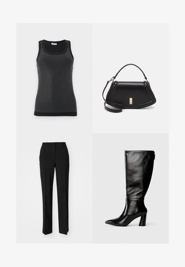 Musta hihaton toppi, jossa on istuva malli ja tekstuuri, joka koostuu pienistä valkoisista pisteistä. Ribbaus pääntiessä ja helman korostukset.; Mustat räätälöidyt housut suoraa lahjetta, joissa on sileä pinta ja terävät taitteet edessä. Ei näkyvää metalliosaa.; Mustat nahkasaappaat, joissa on terävä kärki, sileä pinta ja paksu korko. Takana on vetoketjuyksityiskohta.; Mustalla nahkalaukulla, jossa on jämäkkä muotoilu, lyhyt malli, yläkahva ja kultaiset yksityiskohdat. Säädettävä olkahihna sisältyy.