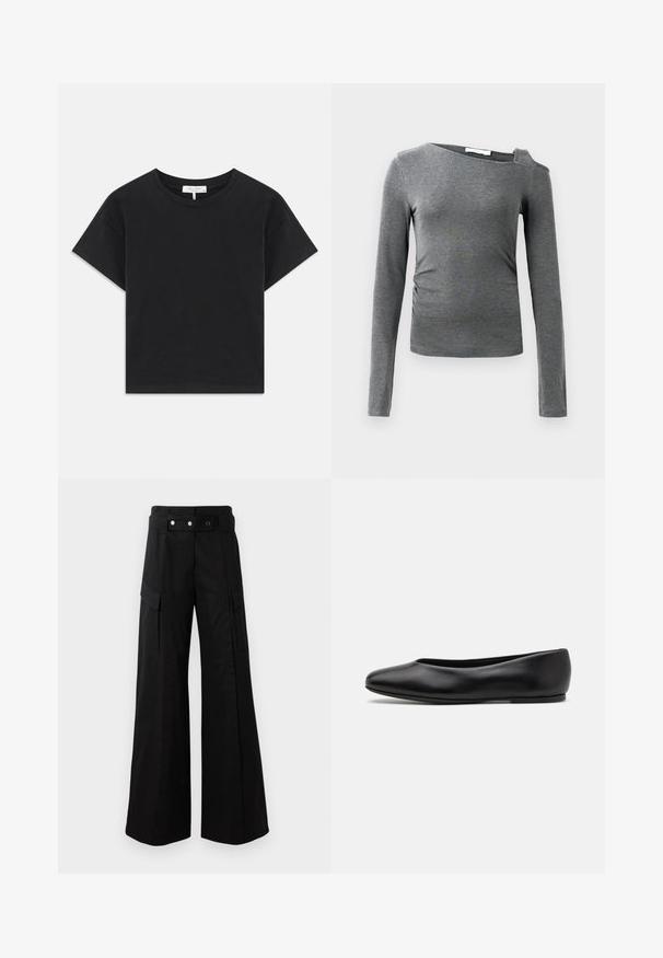 Černé zkrácené tričko vyrobené z bavlny, s kulatým výstřihem, krátkými rukávy a jednoduchým designem bez vzorů nebo ozdob.; Šedý dlouhý rukáv top vyrobený z měkké tkaniny, s lodní výstřihem a jedním odstřiženým ramenem s jemným nařasením po stranách.; Černé kalhoty s širokými nohavicemi a vysokým pasem, které mají velké boční kapsy, dva přední knoflíky a detail v podobě poutka. Vyrobeno z pevné látky.; Paul Smith TOPANGA - Klasické baleríny - black