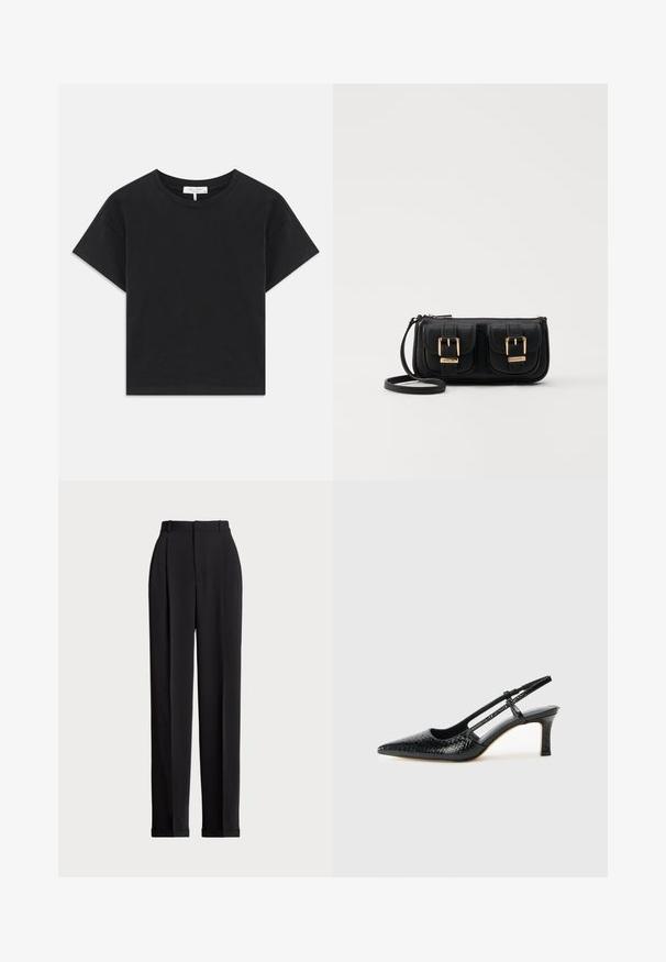 Black cropped t-shirt made of cotton, featuring a round neckline, short sleeves, and a simple design with no patterns or embellishments.; Black tailored trousers with a high waist, featuring pleats at the front, a straight leg design, and a cuffed hem. Made from smooth fabric.; Black patent slingback heel with a pointed toe, featuring textured snake print, adjustable strap, and a short, textured block heel.; Black leather crossbody bag with two front pockets, gold buckles, zipper closure, and a slim strap. Textured surface and compact rectangular shape.