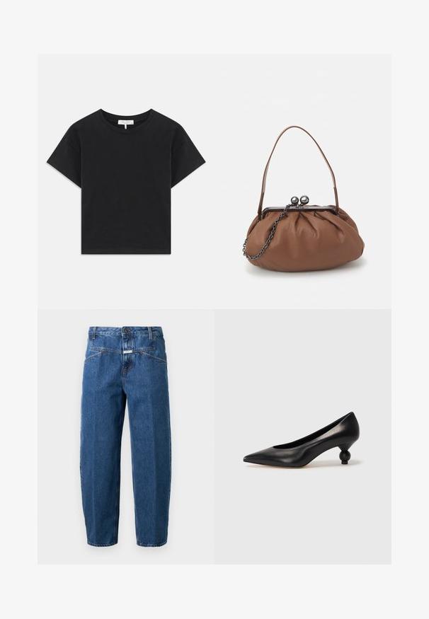 Zwarte cropped t-shirt van katoen, met een ronde halslijn, korte mouwen en een eenvoudig ontwerp zonder patronen of versieringen.; Donkerblauwe denimjeans met een relaxte pasvorm, vijf zakken, gestikte naden en een knoopsluiting op de tailleband.; Zwarte leren hoge hak schoen met een spitse neus en een ronde, bolle hak. Gladde textuur met een elegant, minimalistisch ontwerp.; Bruine leren handtas met een geplooid ontwerp, een korte leren handgreep en een kettinghengsel. Voorzien van een zilveren metalen sluiting met twee ronde accenten.