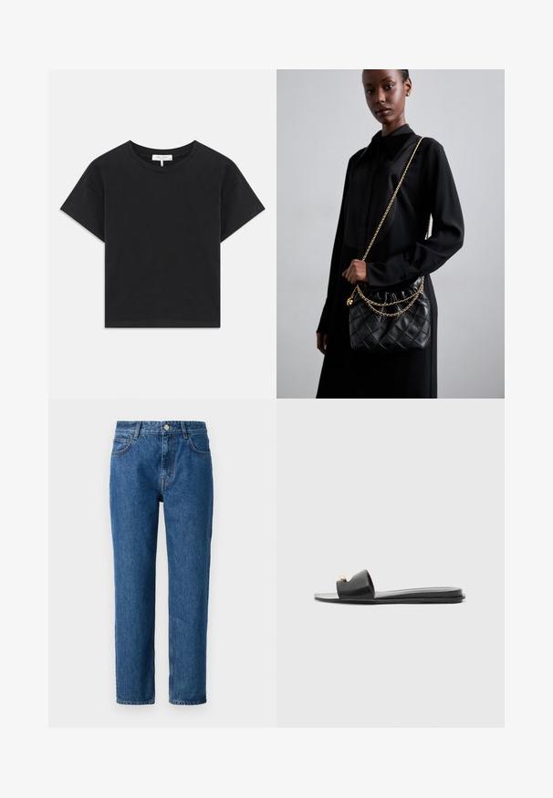 Fekete cropped póló, pamutból készült, kerek nyakú, rövid ujjú, egyszerű dizájnnal, minta vagy díszítés nélkül.; Kék farmernadrág egyenes fazonnal, gombos záródással, övbuclemmel és elülső zsebekkel. Texturált pamutszövetből készült.; Fekete csúszós papucs széles felsőrésszel, sima bőrfelszíni textúrával, nyitott orral és arany díszítéssel a pánton. Lapos talp.; Fekete steppelt bőr kézitáska gyűrt toppal, arany lánc vállpánttal és téglalap alakú formával, egyszerű háttér előtt tartva.