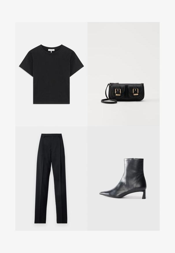 Zwarte cropped t-shirt van katoen, met een ronde halslijn, korte mouwen en een eenvoudig ontwerp zonder patronen of versieringen.; Zwarte broek gemaakt van gladde stof met een hoge taille, wijde benen, voorplooien en klassieke ceintuurlussen. Geen zijzakken zichtbaar.; Zwarte leren enkellaars met een spitse neus en een slank ontwerp. Heeft een lage hak en een ritssluiting aan de achterkant. Gladde textuur.; Zwarte leren schoudertas met twee vo pockets, gouden gespen, ritsluiting en een smalle band. Tekstuur oppervlak en compacte rechthoekige vorm.
