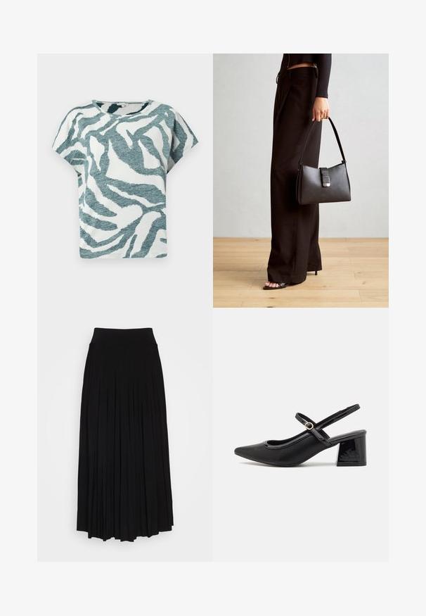Korte mouwen, losvallend t-shirt in wit en teal met een getextureerd zebra patroon. Katoenmengsel met een ronde halslijn.; Zwarte plissé rok met een hoge, elastische tailleband. Gemaakt van zachte stof, met verticale plooien voor een vloeiende silhouet.; Zwarte gepolijste leren slingback hakken met een spitse neus, een ronde uitsnede en een blokhak. Voorzien van een gouden gespaccent.; Zwarte handtas met gestructureerde vorm, gladde textuur en een metalen sluiting. Gecombineerd met brede zwarte broeken en sandalen met open teen op een houten vloer.
