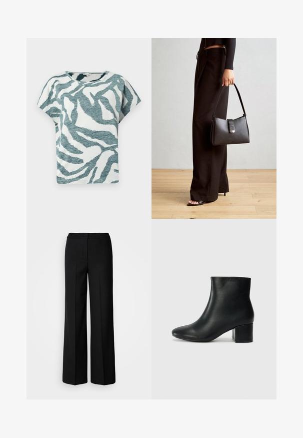 Short-sleeve, loose-fit t-shirt in white and teal with a textured zebra pattern. Cotton blend material with a round neckline.; Black wide-leg trousers with a smooth fabric, featuring a high waist, tailored seams, and a minimalist design. No visible hardware or pockets.; Black leather ankle boots with a pointed toe and a chunky heel. Smooth texture with minimal accents and a sleek, fitted design.; Black handbag with structured shape, smooth texture, and a metallic clasp. Paired with wide black pants and open-toe sandals on wooden floor.