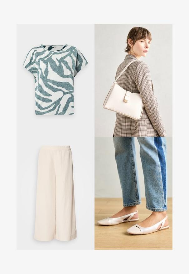 Lyhythihainen, väljä t-paita valkoisena ja turkoosina, jossa on teksturoitu zebra-kuvio. Puuvillasekoitemateriaali, jossa on pyöreä kaula-aukko.; Kermainen väljät housut, joissa on joustava vyötärö, rento istuvuus ja sileä rakenne, sopivat arkivaatteiksi.; Vaaleanpunaiset slingback-ballerinat, joissa on terävä kärki, valmistettu sileästä nahkamaisesta materiaalista. Sivujen leikkuuyksityiskohdat ja tasapohja.; Valkoinen nahkainen käsilaukku, jossa on jämäkkä muotoilu, magneettinen suljin ja olkahihna, esillä neutraalilla taustalla.