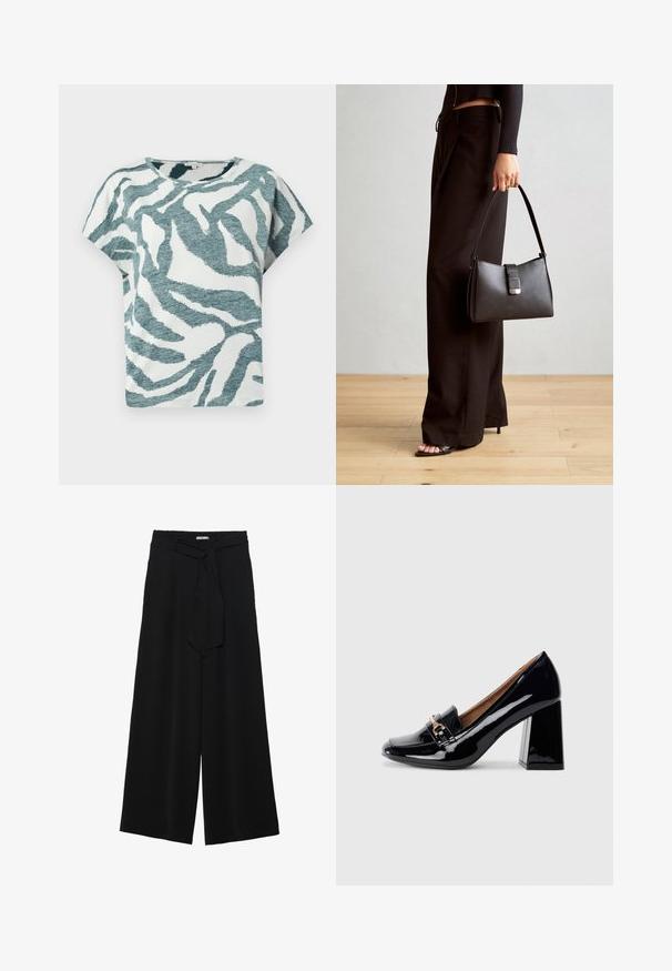 Korte mouwen, losvallend t-shirt in wit en teal met een getextureerd zebra patroon. Katoenmengsel met een ronde halslijn.; Zwarte wijde broek van textuurstof, met een elastische tailleband en een afneembare sjaalstrik in de taille voor een verstelbare pasvorm.; Zwarte lakleren hoge hak met een spitse neus en blokhak. Bevat een decoratieve band en gespdetail op de wreef.; Zwarte handtas met gestructureerde vorm, gladde textuur en een metalen sluiting. Gecombineerd met brede zwarte broeken en sandalen met open teen op een houten vloer.