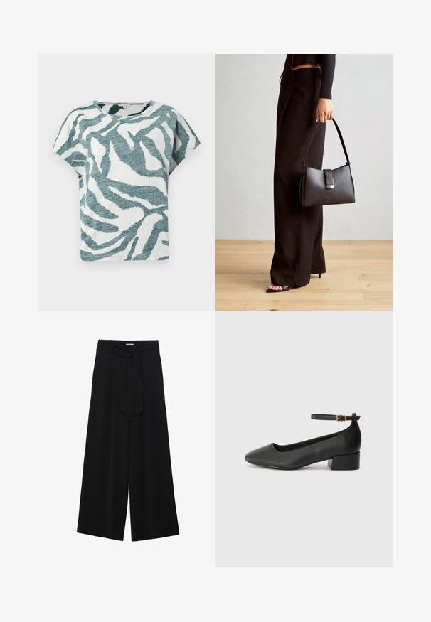 Īsām piedurknēm, brīvā piegriezuma t-krekls baltā un zilo krāsā ar strukturētu zebru rakstu. Kokvilnas maisījuma materiāls ar apaļu kakla izgriezumu.; Melni platleņķa bikses ar teksturētu audumu, elastīgu jostu un noņemamu siksnu viduklī, kas nodrošina regulējamu piegulšanu.; Melnas ādas sūkņi ar smailu purngalu un zemu bloku papēdi. Iezīmēts ar potītes siksniņu ar zelta krāsas sprādzi. Gluda tekstūra.; Melnā somiņa ar strukturētu formu, gludu tekstūru un metālu sprādzi. Saskaņota ar platām melnām biksēm un sandālēm ar atvērtu purngalu uz koka grīdas.