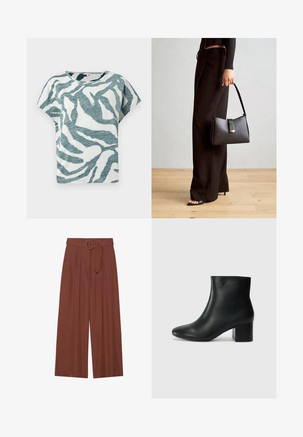 Rövid ujjú, laza szabású póló fehér és türkiz színben, texturált zebra mintával. Pamut keverék anyag, kerek nyakkivágással.; Barna anyagból készült, széles szárú nadrág, négyzet alakú csattal ellátott övvel, redők kialakítással és sima textúrával.; Fekete bőr bokacsizma hegyes orral és vastag sarokkal. Sima felület minimális díszítéssel és karcsú, passzos kialakítással.; Fekete kézi táska strukturált formával, sima textúrával és fémből készült záródással. Széles fekete nadrággal és nyitott orrú szandállal párosítva, fából készült padlón.