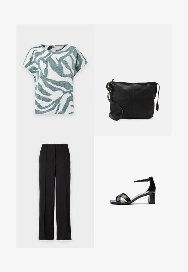 Short-sleeve, loose-fit t-shirt in white and teal with a textured zebra pattern. Cotton blend material with a round neckline.; Black trousers with a straight leg design, featuring two front pleats, a waistband, and no visible pockets or embellishments.; Black open-toe heeled sandal with crossed straps, adjustable ankle strap, and a chunky heel, featuring a smooth leather texture.; Black leather crossbody bag with a flat shape, gold hardware accents, and an adjustable strap. Smooth texture with minimal stitching details.