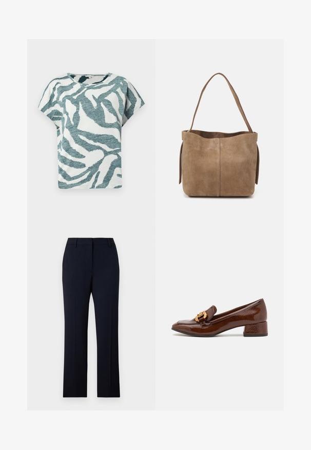 Short-sleeve, loose-fit t-shirt in white and teal with a textured zebra pattern. Cotton blend material with a round neckline.; Navy blue tailored trousers with a straight cut, crafted from smooth fabric. Features belt loops, front pockets, and a clean waistband design.; Brown leather loafers with a glossy finish, featuring a decorative gold buckle on the front and a low block heel. Classic design.; Brown suede tote bag with a soft texture, open top, and a single shoulder strap. Features a smooth finish and minimal detailing.