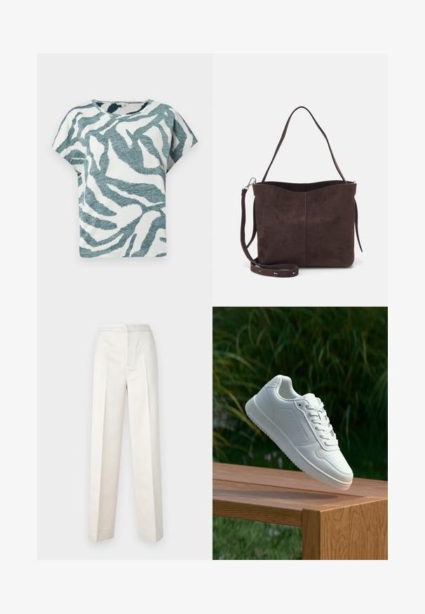 Kurze Ärmel, lockeres T-Shirt in Weiß und Türkis mit einem strukturierten Zebra-Muster. Baumwollmischung mit Rundhalsausschnitt.; Cremfarbene Hosen mit figurbetonter Passform, gerader Beine, glattem Stoff, vorderen Falten und sauberem Saum. Minimalistisches Design.; Weiße Sneaker mit einem glatten, synthetischen Obermaterial, perforierter Zehenbox, flachen Schnürsenkeln und einer strukturierten Sohle, präsentiert auf einer Holzoberfläche.; Braune Wildleder-Tasche mit weicher Textur, ausgestattet mit einem einzelnen Schulterriemen und einer dezenten, gewölbten Öffnung an der Oberseite. Keine sichtbaren Beschläge.