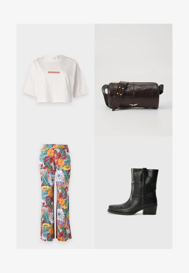 Tricou alb scurt din bumbac, cu mâneci scurte și o imprimare grafică cu textul "ACRESI" și o dungă orizontală portocalie.; Pantaloni evazați cu un model floral multicolor, având flori portocalii, mov și teal și frunze verzi pe un fundal alb.; Botine din piele neagră, cu vârf rotund, toc pătrat, fermoar pe lateral și accente de cusături pe partea superioară. Textură netedă, design clasic.; Geantă din piele căptușită cu un model de crocodil de culoare maro, cu o formă cilindrică, accesorii de culoare aurie și un curea detasabilă cu tăieturi.