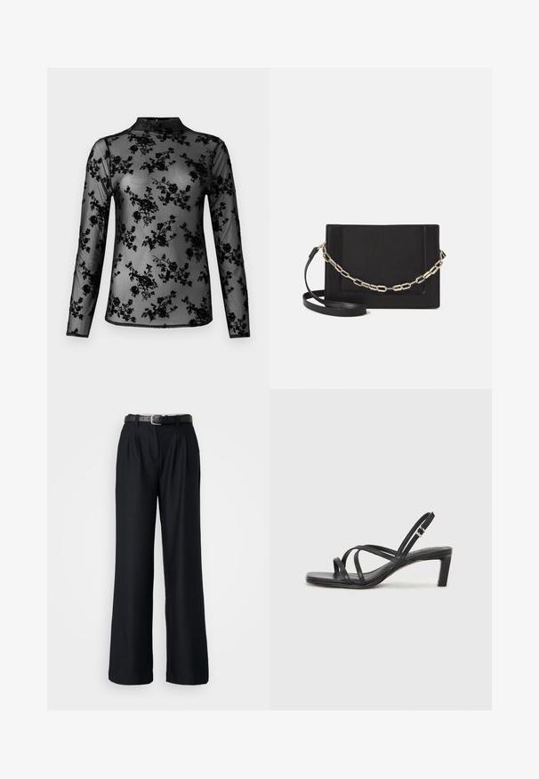 Juodas tinklinis ilgomis rankovėmis pasiūtas marškinėliai su sudėtingu gėlių raštu. Turi aukštą apykaklę ir permatomą tekstūrą, leidžiančią sluoksnių stilizavimo galimybes.; Juodos plačių kojų kelnės, pagamintos iš sklandžios medžiagos, su priekinių raukšlių detalėmis ir atitinkamu juodu diržu su sidabriniu užsegimu.; Juodi šlepetės su kvadratiniu pirštu ir žemu bloku kulnu. Yra keli ploni dirželiai ir reguliuojamas kulkšnies diržas. Pagaminti iš lygios odos.; Juodas odinis per petį nešiojamas krepšys turi lygų paviršių, stačiakampio formą ir metalinę grandinėlę priekyje. Pridedama reguliuojama dirželis.; Sidabrinis dvigubas žiedas su lygiu, poliruotu paviršiumi. Pasižymi sklandžiu, kreiptu dizainu su persipinančiomis dalimis, suteikiančiomis modernų išvaizdą.