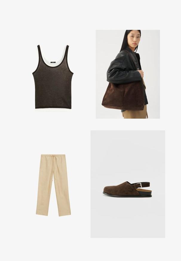 Dunkelbrauner ärmelloser Tank-Top mit einem weißen horizontalen Saum. Hergestellt aus leichtem Stoff, mit Rundhalsausschnitt und minimalistischem Design.; Helle beige, locker sitzende Hose mit einem elastischen Bund und Kordelzug. Verfügt über zwei Seitentaschen und eine glatte Textur.; Braune Wildleder-Ballenrutscher mit niedrigem Absatz, verstellbarem Riemen mit silberner Schnalle und schwarzer Gummisohle.; Braune Wildleder-Tasche mit breiter Form und weicher Textur, ausgestattet mit einem einzigen Tragegurt und minimalem Zubehör vor einem neutralen Hintergrund.
