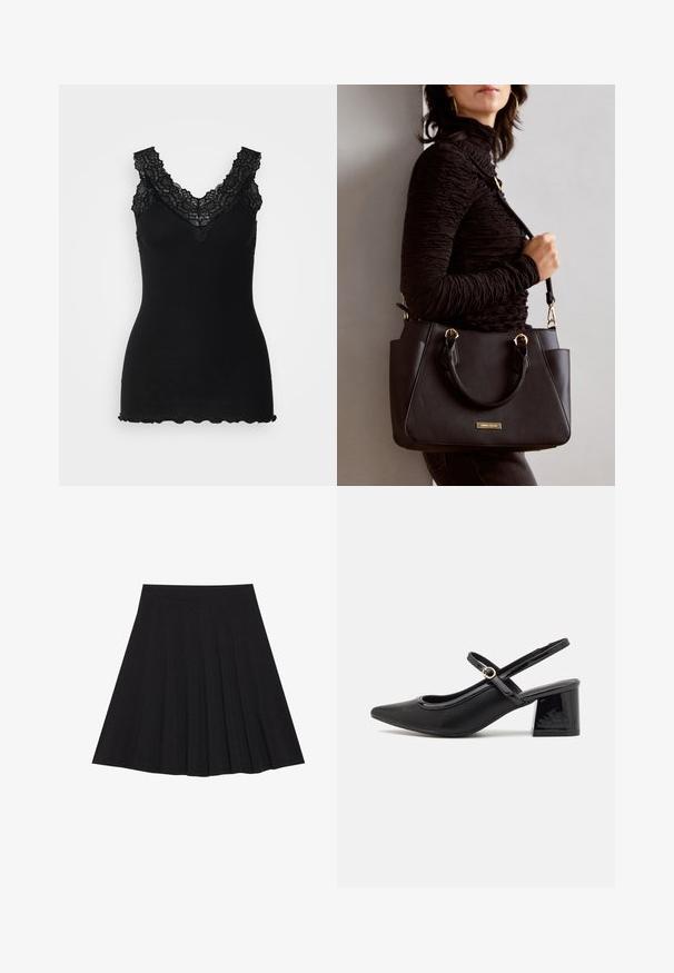 Svart ribbet tank topp med blondeakenter langs en V-hals og bølget kant. Teksturen er myk, noe som forbedrer den tettsittende designen.; Svart plisserte skjørt laget av teksturert stoff med en tettsittende linning. Går til knelengde, med en glatt, ren silhuett.; Sorte lakk lær slingback hæler med spiss tå, et avrundet utskjæringsdesign og blokkheel. Har en gulltone spenne som detalj.; Svart håndveske med teksturert overflate, doble topphåndtak og justerbar skulderrem. Har detaljer i gulltone og sidelommer.