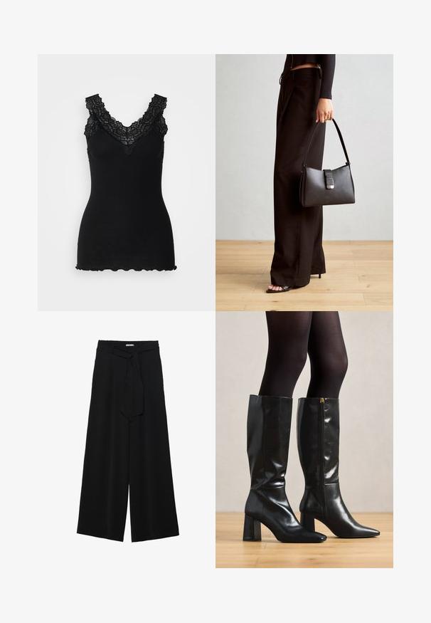 Črno rebrasto majico brez rokavov z čipkastimi poudarki ob V-izrezu in valovitem robu. Tekstura je mehka, kar dodatno poudarja prilegajoč dizajn.; Črne široke hlače iz teksturirane tkanine, z elastičnim pasom in odstranljivim trakom na pasu za prilagodljivo prileganje.; Črne usnjene škornje do kolen z sijočo površino, špičastim nosom in debelejšim peto. Detajl z božnim zadrgo za enostavno obuvanje.; Črna torbica z strukturirano obliko, gladko teksturo in kovinskim zaponko. Ujemajo se z širokimi črnimi hlačami in odprtimi sandali na lesenem tleh.