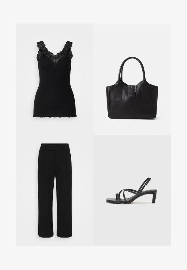 Black ribbed tank top with lace accents along a V-neckline and scalloped hem. The texture is soft, enhancing its fitted design.; Black wide-leg pants made of a smooth fabric, featuring a flat front, belt loops, and no visible pockets. Clean, tailored design.; Black strappy sandal with a square toe and a low block heel. Features multiple thin straps and an adjustable ankle strap. Made of smooth leather.; Black leather tote bag with smooth texture, structured shape, two handles, and a prominent silver buckle detail on the front.
