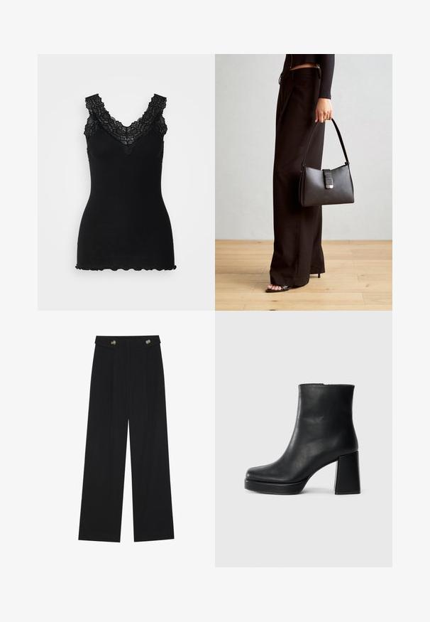 Camisola preta de tiras caneladas com detalhes em renda ao longo do decote em V e bainha ondulada. A textura é suave, realçando seu design justo.; Calças largas pretas com cintura alta, detalhes em botão na cintura e pregas frontais.; Bota de couro preta até ao tornozelo com salto bloco e sola com plataforma, vista de lado sobre um fundo branco liso.; Bolsa preta com forma estruturada, textura suave e um fecho metálico. Combinada com calças largas pretas e sandálias de salto aberto sobre um chão de madeira.