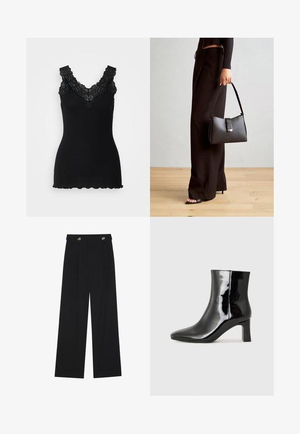 Juoda rubuota liemenė su nėrinių akcentais aplink V formos iškirpę ir banguotą apatinę dalį. Audinio tekstūra yra minkšta, pabrėžianti jos prigludusį dizainą.; Juodi plačios kojos kelnės su aukštu liemeniu, sagų detalėmis ant liemens ir priekinėmis raukšlėmis.; Juodos lakuotos odinės aulinukės su smailiu pirštu ir vidutinio aukščio blokuotu kulnu. Lygus paviršius ir minimalistinis dizainas.; Juodas rankinė struktūrizuota forma, lygi tekstūra ir metalinis užsegimas. Suporuota su plačiomis juodomis kelnėmis ir atvirais bateliais ant medinių grindų.