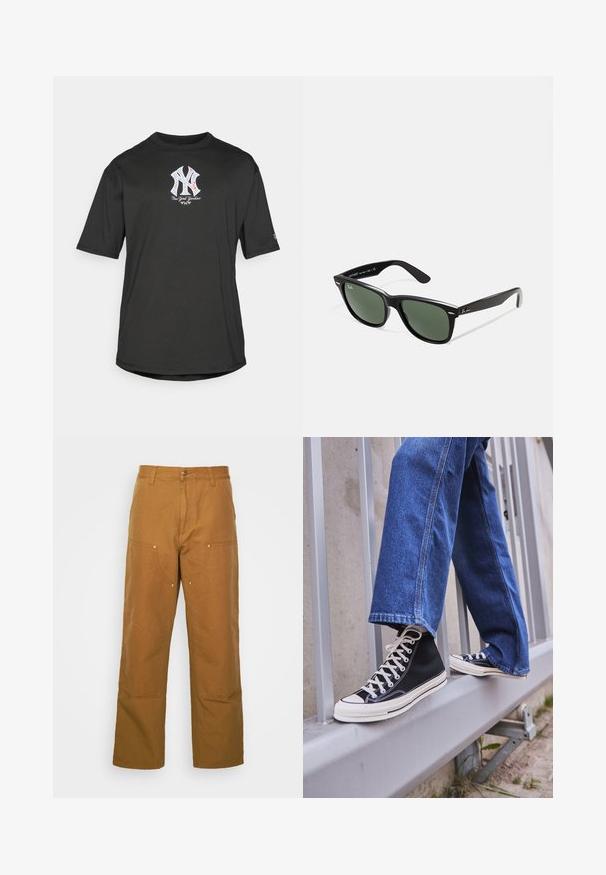Černé tričko s krátkým rukávem vyrobené z bavlny. Na přední straně se nachází barevné logo New York Yankees. Jednoduchý kulatý výstřih a rovný lem.; Hnědé bavlněné pracovní kalhoty s rovnými nohavicemi, které mají přední kapsy a kovové detaily pro zvýšenou odolnost.; Černé vysoké tenisky s bílou podrážkou a tkaničkami, v kombinaci s volnými modrými džíny, odpočívající na šedém zábradlí.; Černé plastové sluneční brýle se zelenými skly, čtvercové obroučky, stříbrný detail na obočí a texturované stranice. Značka uvedená na vnitřní straně stranic.