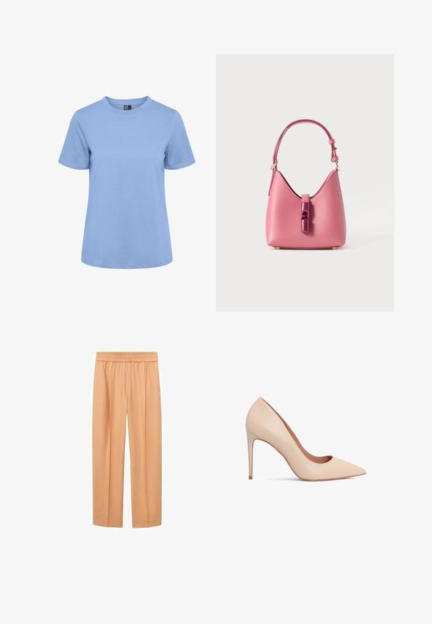 Svetlomodré bavlnené tričko s okrúhlym výstrihom, krátkymi rukávmi a rovný lem. Hladká textúra, bez vzorov alebo ozdôb.; Nohavice s širokými nohavicami v broskyňovej farbe, vyrobené z jemného materiálu, s elastickým pásom a rovný strih, ktorý poskytuje uvoľnené nosenie.; Béžové kožené lodičky na vysokom opätku s špicatou špičkou a hladkou textúrou. Majú úzky stiletto opätok a nízko strihaný zvršok.; Ružová kožená kabelka so štruktúrovaným tvarom, vybavená lesklým zatváraním a jedným nastaviteľným popruhom. Textúrovaný povrch s zlatými kovovými detailmi.