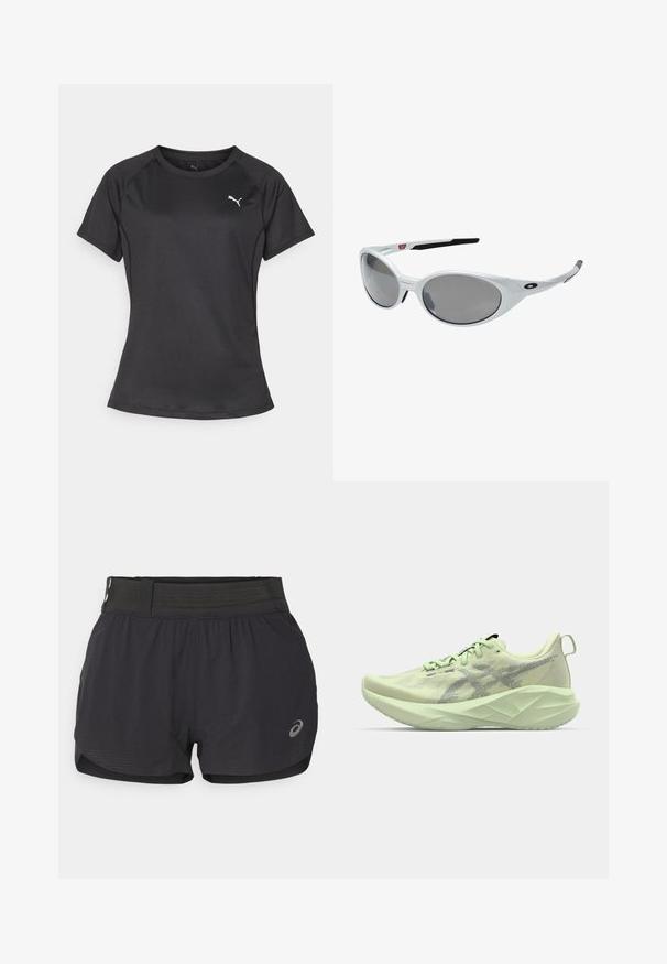 Must näpuvahega lühikeste varrukatega spordipoolik, mis on musta värvi ja ümarate kaelustega, valmistatud siledast kangast. Vasakul rinnal on väike valge logo.; Mustaed mustujooks varrukadeta, millel on sile tekstuur, lühike pikkus ja väike logo alumises paremas nurgas.; Heled roheline sportlik jalane, millel on võrgust ülemine osa, tekstuuriga aktsendid ja paks, nurga all olev tallatoe, mis tagab parema pehmenduse ja toe.; Valged plastikust prillid suurte ovaalsete objektiividega, halli toonistusega. Omavad musti kõrvaankreid ja väikest logot raamil. Sujuv viimistlus.