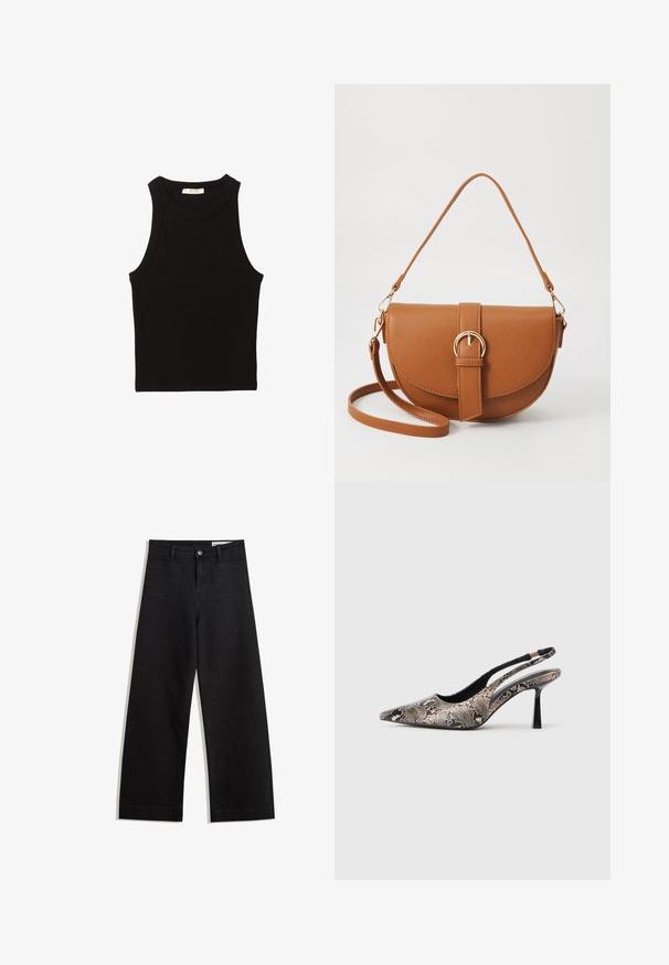Černý bezrukávový top z hladké, elastické látky; má kulatý výstřih a přiléhavý střih bez dalších vzorů nebo akcentů.; Černé denimové kalhoty s volným střihem a vysokým pasem, vybavené předními a zadními kapsami, prošívanými švy a knoflíkovým zapínáním. Hladká textura.; Sandalové boty s špičatou špičkou vyrobené z texturovaného hadího vzoru, s úzkým černým podpatkem a výřezovým designem na bocích.; Hnědá kožená křížová taška s zakřiveným tvarem, zlatými detaily a akcentem s přezkou. Obsahuje odnímatelný popruh na rameno.