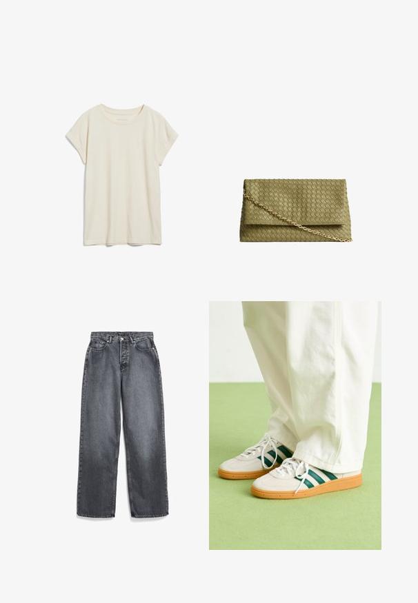 Cream-colored short-sleeve t-shirt made of soft cotton, featuring a round neckline and rolled sleeves. Simple design with no patterns.; Wide-leg gray denim jeans with a button and zipper closure, featuring four pockets and a faded finish. Clean lines and simple design.; White sneakers with green stripes, textured suede and mesh material, gum rubber sole, and white laces, paired with wide white pants.; Green woven leather handbag with a flap closure, gold chain strap, and smooth texture. Features a structured rectangular shape.