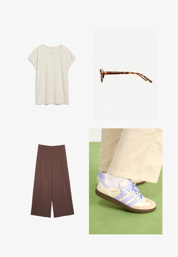 T-shirt a maniche corte color crema realizzato in morbido cotone, con scollo rotondo e maniche arrotolate. Design semplice senza motivi.; Pantaloni ampi marroni con una texture liscia, caratterizzati da una vita alta e pieghe frontali. Il tessuto è leggero e scorre liberamente.; Sneakers crema e lavanda con tre strisce e suola marrone texturizzata, dotati di lacci e tallone imbottito. Parte superiore in tessuto morbido.; Occhiali da sole tartarugati con una montatura spessa, tempie leggermente curve e superficie liscia. Presentano un design classico con una finitura lucida.