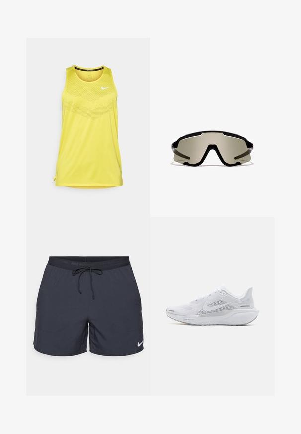 Gul atletisk tanktop med rund halsudskæring, struktureret øverste mønster og sidelækker for nem bevægelse. Nike-logo i hvid.; Nike løbeshorts, mørkegrå, elastisk talje med snor, sidelommer, letvægtsstof, med et hvidt Nike-logo på nederste kant.; Hvide atletiksko med en overdel i mesh, glatte teksturerede overlejringer, grå accenter, snørebånd og en polstret sål designet til ydeevne.; Sorte sporty solbriller med store ombrydende grøntonede linser, der har et kantet design og klare sideaccenter. Mærkning synlig på toppen.