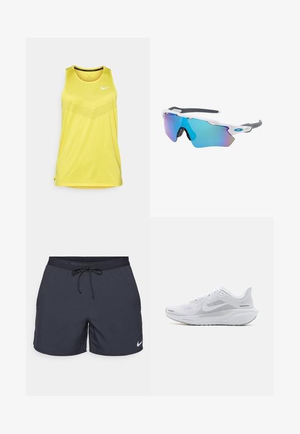 Gul atletisk tanktop med rund halsudskæring, struktureret øverste mønster og sidelækker for nem bevægelse. Nike-logo i hvid.; Nike løbeshorts, mørkegrå, elastisk talje med snor, sidelommer, letvægtsstof, med et hvidt Nike-logo på nederste kant.; Hvide atletiksko med en overdel i mesh, glatte teksturerede overlejringer, grå accenter, snørebånd og en polstret sål designet til ydeevne.; Solsikker med hvid ramme, grå accenter og blå spejllinser. Sporty design, omviklet form og justerbare næsepuder.