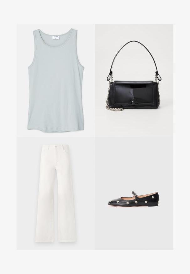 Filippa K TANK - Top - thundersto; White, high-waisted wide-leg jeans made of denim. Features a button closure, two front pockets, and side seams with stitching details.; Black leather Mary Jane flat shoe with a rounded toe, featuring silver circular studs and an adjustable strap with a buckle.; Black patent leather handbag with a rectangular shape, chain strap, and a distinctive hardware accent in the center. Smooth texture.