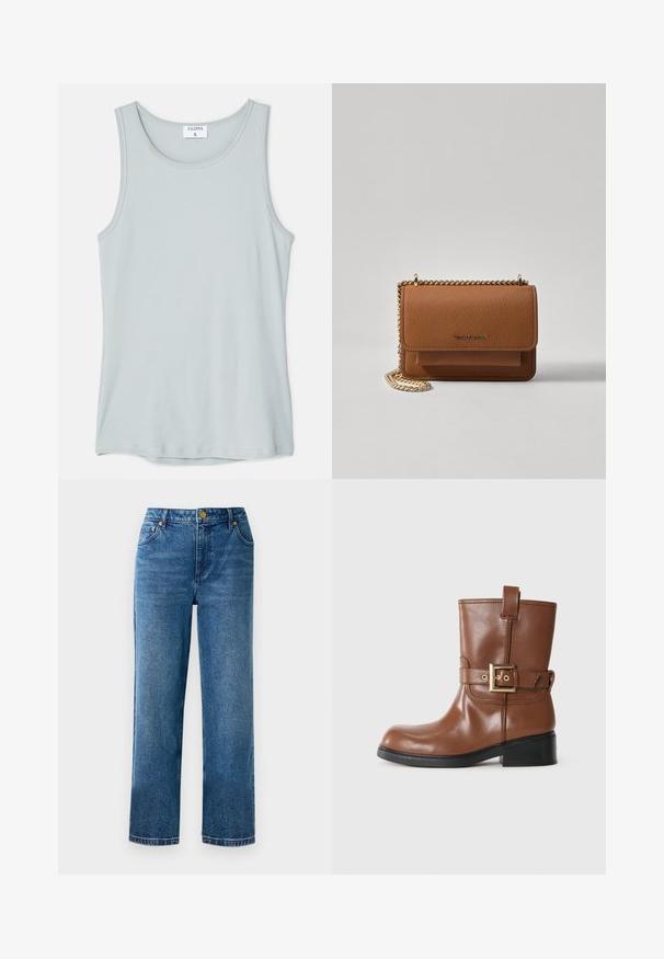Filippa K TANK - Top - thundersto; Blue high-waisted jeans with a straight leg cut, made of denim, featuring five pockets, and gold-tone hardware details.; Brown leather ankle boot with a rounded toe, gold buckle detail on the strap, and a low, textured black heel. Simple and sleek design.; Brown textured leather crossbody bag with gold chain strap and flap closure. Front features logo detail and a pocket under the flap.