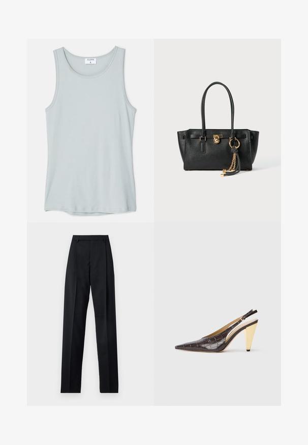 Filippa K TANK - Top - thundersto; Sorte bukser lavet af glat stof, der har høj talje, brede ben, frontfolder og klassiske bælteløkker. Ingen synlige sidelommer.; Spids-tå slingback hæl i mørkebrun blank fake krokodillelæder. Har en guldfarvet geometrisk hæl og justerbar ankelrem.; Sort læder skuldertaske med dobbelte håndtag, guld lås og kædedetalje samt sort-hvid kvast tilbehør mod hvid baggrund.