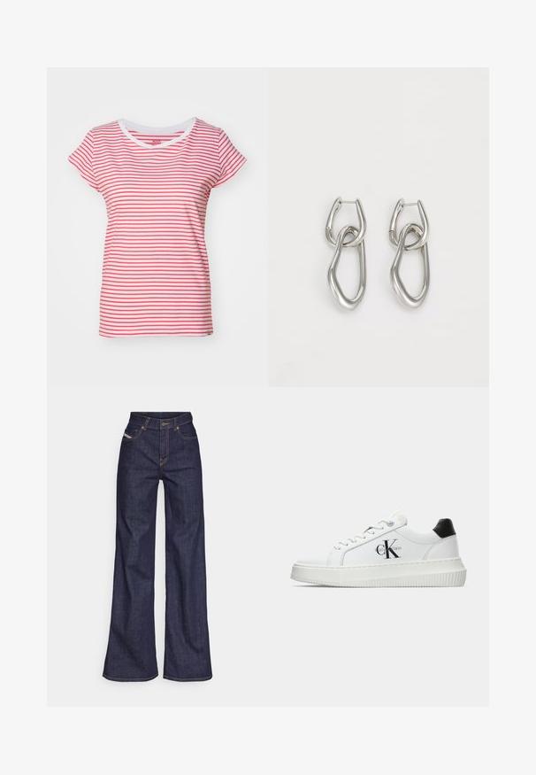 Mads Nørgaard STRIPE TEASY TEE - T-Shirt print - brilliant white/geranuim; Dunkelblaue weite Jeans aus Denimstoff mit hoher Taille, ausgestattet mit orangefarbenen Nähten, fünf Taschen und einem Knopfverschluss.; Weiße Low-Top-Sneaker mit schwarzem Fersenpatch, Plateau-Sohle, Schnürsenkeln und Calvin Klein "CK"-Logo an der Seite.; Calvin Klein STATEMENT LINKS - Ohrringe - silver-coloured