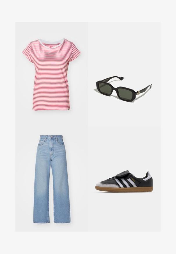 Mads Nørgaard STRIPE TEASY TEE - Potiskana majica - brilliant white/geranuim; Svetlo modri visokorasli široki traper hlače z sprednjim gumbom in zadrgo, sprednjimi in zadnjimi žepi, na belem ozadju.; Črne usnjene in sive semiš teniske z belimi črtami, gumijastim podplatom, vezanjem spredaj in Velcro trakovi. Vsebuje "Samba" blagovno znamko v zlati barvi.; Črne pravokotne sončna očala s trdimi zelenimi lečami, ki imajo sijajen zaključek in zlati logotip na strani.