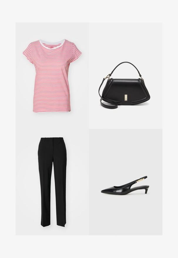 Mads Nørgaard STRIPE TEASY TEE - Marškinėliai su spaudiniu - brilliant white/geranuim; Juodi pritaikyti kelnių modeliai su tiesiomis kojomis, pasižyminčios lygiomis tekstūromis ir ryškiomis klostėmis priekyje. Nėra matomų detalių.; Juodas odinis pavasario batelių modelis su smailiu nosiu, turintis siaurą kulniuką ir auksinės spalvos akcentu reguliuojamoje juostoje. Lygi tekstūra.; Juoda odinė rankinė su struktūrizuotu dizainu, turi trumpą formą, viršutinę rankeną ir auksinius akcentus. Pridėtas reguliuojamas peties diržas.