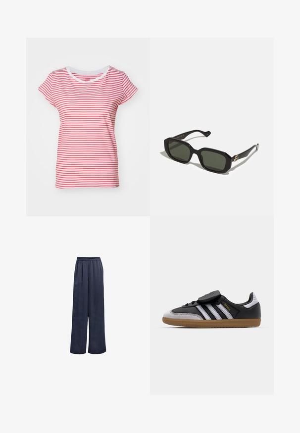 Mads Nørgaard STRIPE TEASY TEE - T-shirt print - brilliant white/geranuim; Marineblauwe wijde broek gemaakt van een soepele stof met een elastische tailleband en zonder zichtbare hardware. Heeft een relaxte pasvorm en een volledige lengte.; Zwarte leren en grijze suède sneaker met witte strepen, rubberen gumzool, veterfrontering en klittenbandsluiting. Uitgerust met "Samba" branding in het goud.; Zwarte rechthoekige zonnebril met effen groene lenzen, met een glanzende afwerking en een gouden logoaccent aan de zijkant.