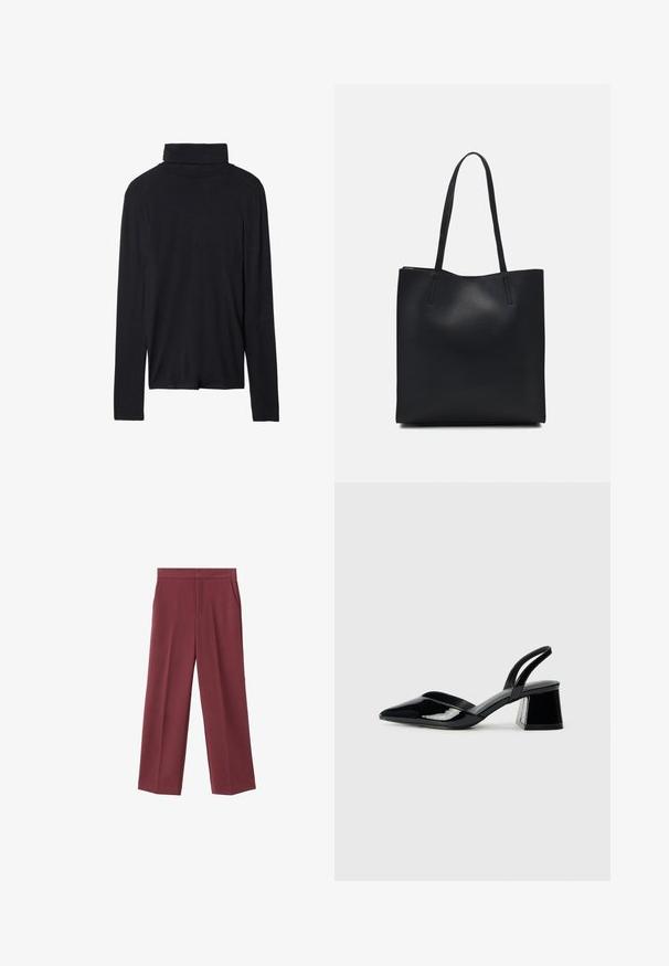 Schwarzes Langarm-Thermo-Oberteil mit taillierter Passform, glatter Textur und hohem Kragen, mit abgesteppten Säumen und ohne sichtbare Muster.; Weinrote Hose mit weitem Bein aus glattem Material, ausgestattet mit seitlichen Taschen und einem hohen Taillendesign. Mit einem klaren vorderen Bügel gefaltet.; Schwarze Lackleder-Slingback-High Heels mit spitzem Schuh und einem geometrischen Blockabsatz. Verfügt über ein schlankes, minimalistisches Design und eine glatte Textur.; Schwarze Laptoptasche aus Leder mit glatter Textur, rechteckiger Form und zwei langen Griffen. Keine sichtbaren Beschläge oder Verzierungen.