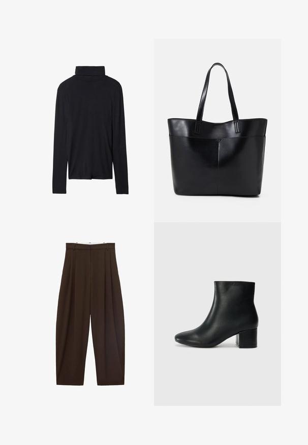 Black long-sleeve turtleneck top with a fitted design, smooth texture, and a high collar, featuring stitched hems and no visible patterns.; Brown high-waisted trousers with pleats, made of smooth fabric. Loose fit, straight leg design, featuring belt loops and a zip fly.; Black leather ankle boots with a pointed toe and a chunky heel. Smooth texture with minimal accents and a sleek, fitted design.; Black leather tote bag with two long handles, a smooth texture, and a structured shape. Features a front pocket for additional storage.