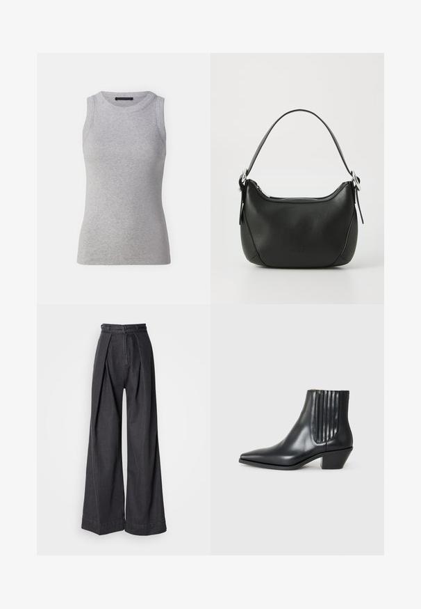 Šedý bezramínkový top vyrobený z žebrovaného materiálu. Má kulatý výstřih a přiléhavý střih. Jednoduchý design, bez viditelných vzorů nebo akcentů.; Široké černé džíny s vysokým pasem, s předními záhyby a klasickým zipovým zapínáním. Čistá, hladká textura s elegantním zakončením.; Černá kožená kotníková bota s špičatou špičkou, elastickými bočními panely s vertikálními drážkami a nízkým blokovým podpatkem. Hladká textura a elegantní design.; Černá kožená kabelka s zakřiveným tvarem, stříbrným zipem a krátkým uchem. Na přední straně se nachází nenápadné logo a má hladkou texturu.
