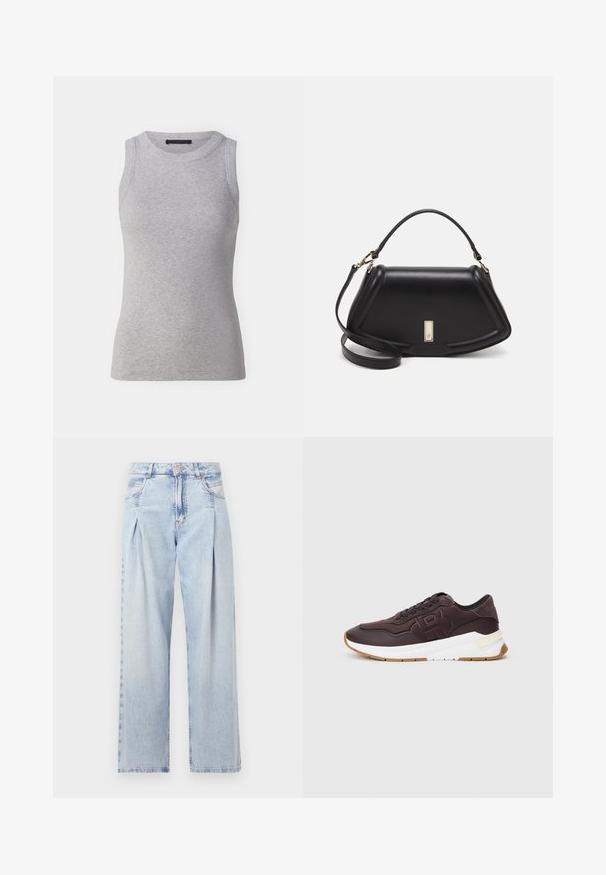 Grå ermeløs tanktop laget av ribbet stoff. Har rund halslinning og tettsittende fasong. Enkel design, uten synlige mønstre eller detaljer.; Lyseblå denimjeans med høy livlinje, vide ben, to sidelommer og plisserte detaljer. Myk tekstur med en falmet finish.; Mørkebrune sneakers med svart kant, preget logo på siden, hvit tykk såle og gummifarget yttersåle på en enkel bakgrunn.; Sort lærveske med en strukturert design, som har en avkortet form, topphåndtak og detaljer i gull. Justerbar skulderstropp inkludert.