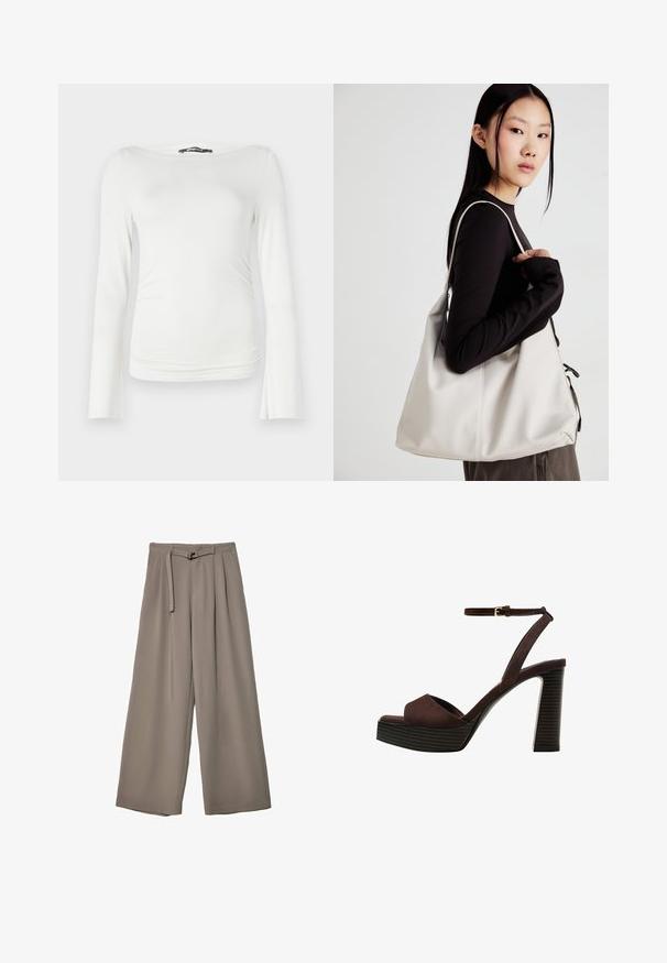 Biely dlhý rukáv top vyrobený z hladkej látky s priliehajúcim strihom, s širokým lodičkovým výstrihom a jemným nazhromaždením v oblasti pásu.; Široké nohavice v jemnej, tlmenej šedej tkanine, s opaskom v pase a vreckami pre dodatočný dizajnový detail. Hladký povrch, bez vzorov.; Hnedé semišové sandále na vysokom podpätku s otvorenou špičkou, nastaviteľným členkovým remienkom a pruhovanou platformovou podrážkou.; Béžová kabelka vyrobená z mäkkého materiálu, s uvoľneným dizajnom, prišitými detailmi a dvoma popruhmi na nosenie na pleciach. Vhodná na každodenné nosenie.