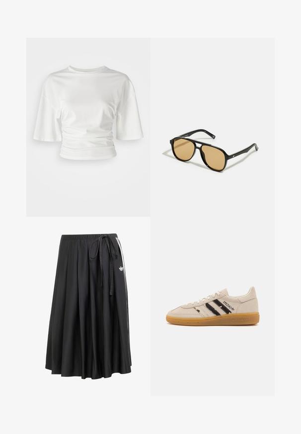 White short-sleeve shirt with a crew neckline and gathered sides, made of soft fabric with a smooth texture and slightly loose fit.; Black midi skirt with elastic waistband, side tie, white stripes, and Adidas trefoil logo on the right side.; Beige suede sneaker with black stripes and "Spezial" text, features a textured gum rubber sole and classic lace-up design.; Black sunglasses with brown tinted lenses; rectangular shape with a thick frame, including subtle hardware accents on the temples.