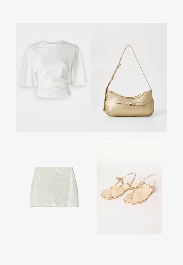 Weißes T-Shirt mit kurzen Ärmeln und Rundhalsausschnitt, mit gerafften Seiten, aus einem weichen Stoff mit glatter Textur und leicht lockerer Passform.; Bershka A-Linien-Rock - white; Friends Like These REGULAR FIT - TOE THONG FIT - Zehentrenner - gold; Metallic gold Schultertasche mit geschwungener Form, glatter Textur, einem flachen Riemen und einem dekorativen Schnallendetail auf der Vorderseite.