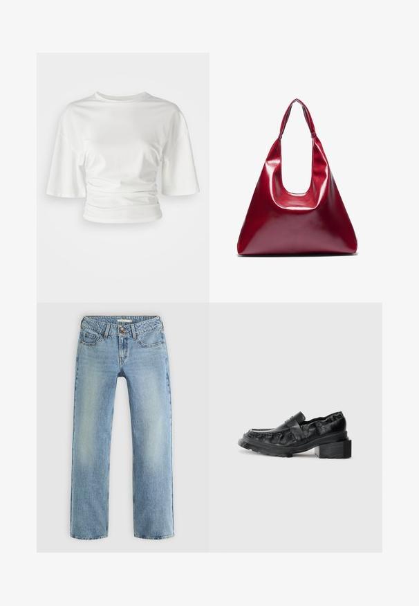 Witte korte mouwen shirt met een ronde halslijn en geplooide zijkanten, gemaakt van zachte stof met een gladde textuur en een licht losse pasvorm.; Lichtblauwe rechte jeans van denim, met een knoopsluiting, vijf zakken en subtiele vervaging langs de benen.; Zwarte leren instappers met een gestructureerde zool, voorzien van een iets verhoogde blokhak en een textuur bovenkant, bevestigd met een voorkantriem.; Rode glanzende leren handtas met een driehoekige vorm, brede opening aan de bovenkant en een enkele gebogen handgreep. Gladde textuur met minimale stikseldetails.; Set van twaalf creolen in zilver- en goudernormen. Bevat gedraaide, gladde en textuurontwerpen in verschillende maten en afwerkingen.